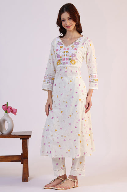 White Floral Printed Thread Work Flared Pure Cotton Kurta &amp; Straight Pant With Dupatta Set