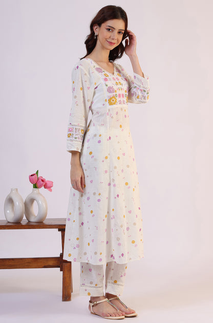 White Floral Printed Thread Work Flared Pure Cotton Kurta &amp; Straight Pant With Dupatta Set