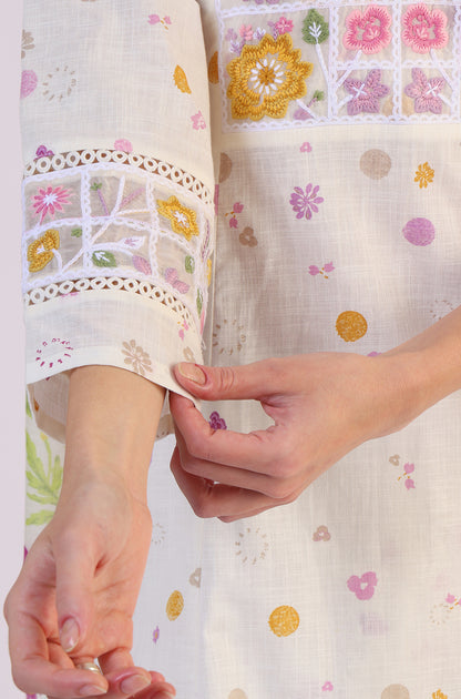 White Floral Printed Thread Work Flared Pure Cotton Kurta &amp; Straight Pant With Dupatta Set