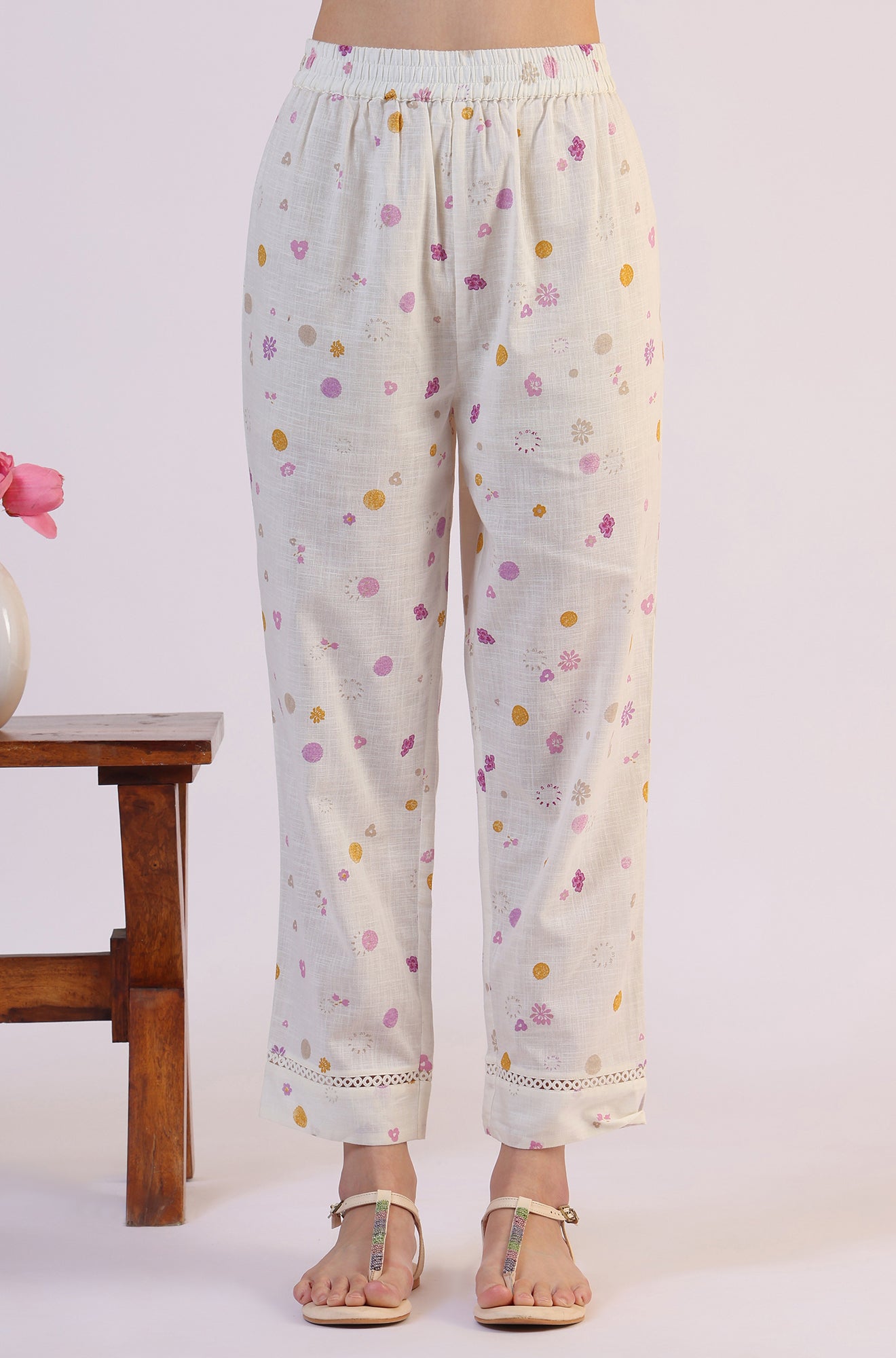 White Floral Printed Thread Work Flared Pure Cotton Kurta &amp; Straight Pant With Dupatta Set