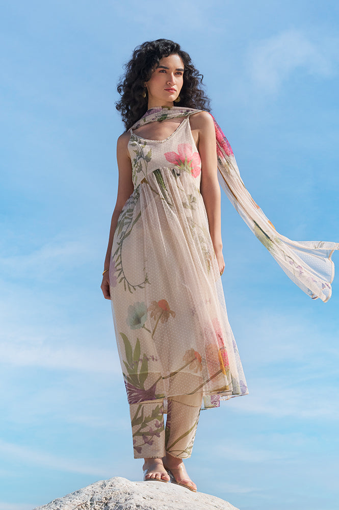 Light Beige Floral Printed Swiss Dot Net Spaghetti Flared Kurta, Pants and Dupatta Set - S