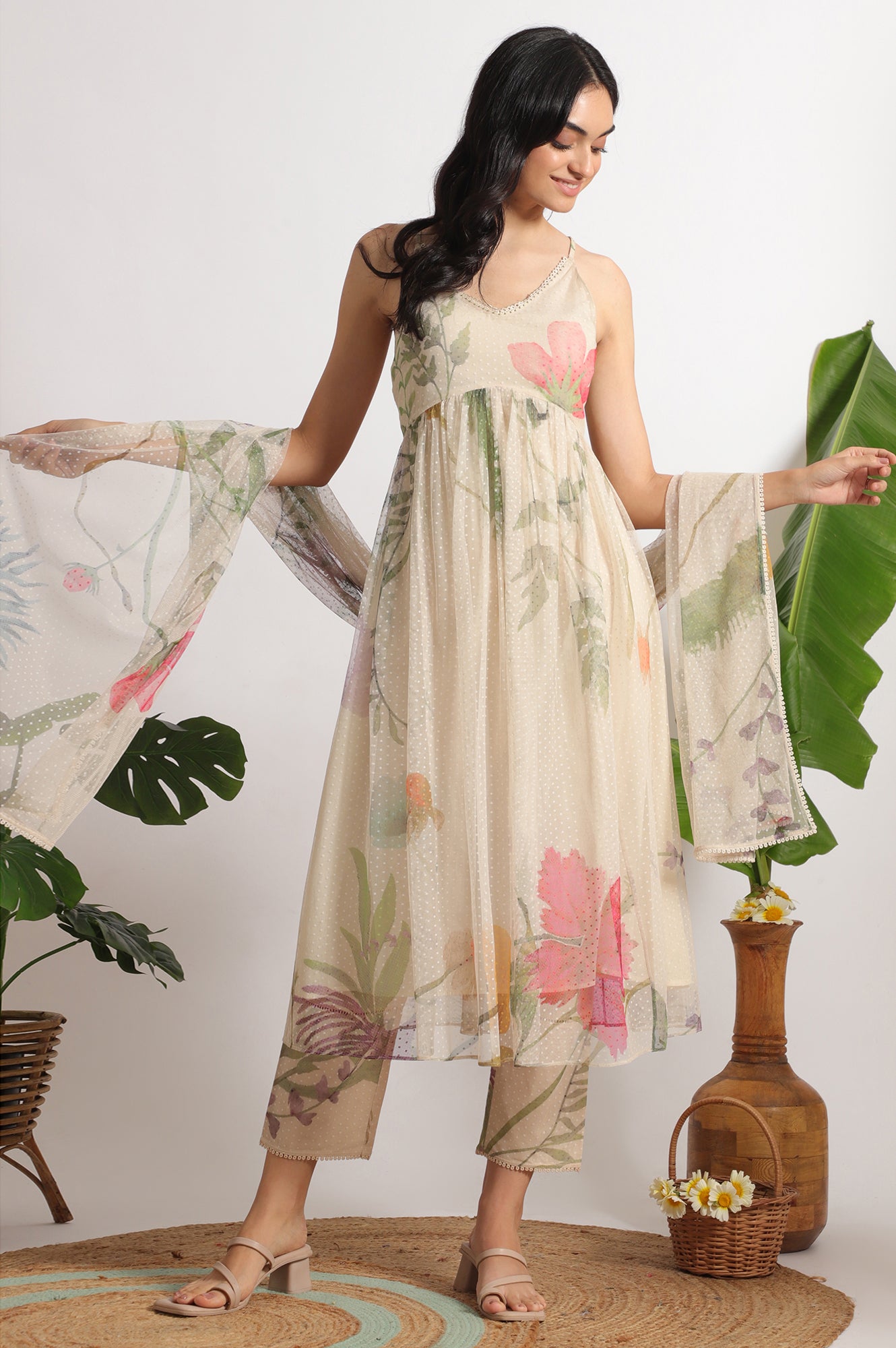 Light Beige Floral Printed Swiss Dot Net Spaghetti Flared Kurta, Pants and Dupatta Set