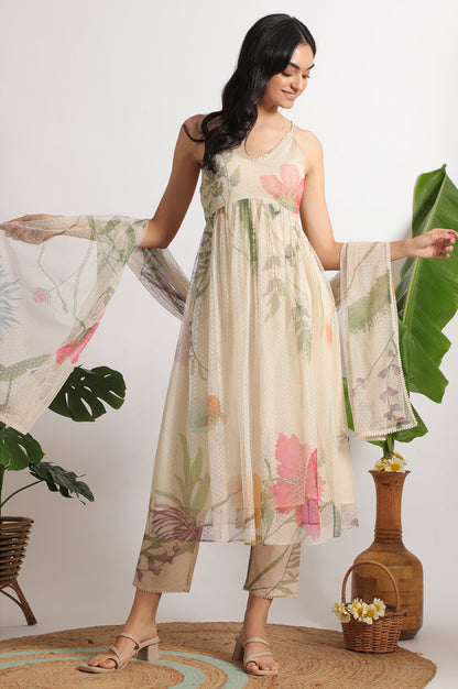 Light Beige Floral Printed Swiss Dot Net Spaghetti Flared Kurta, Pants and Dupatta Set