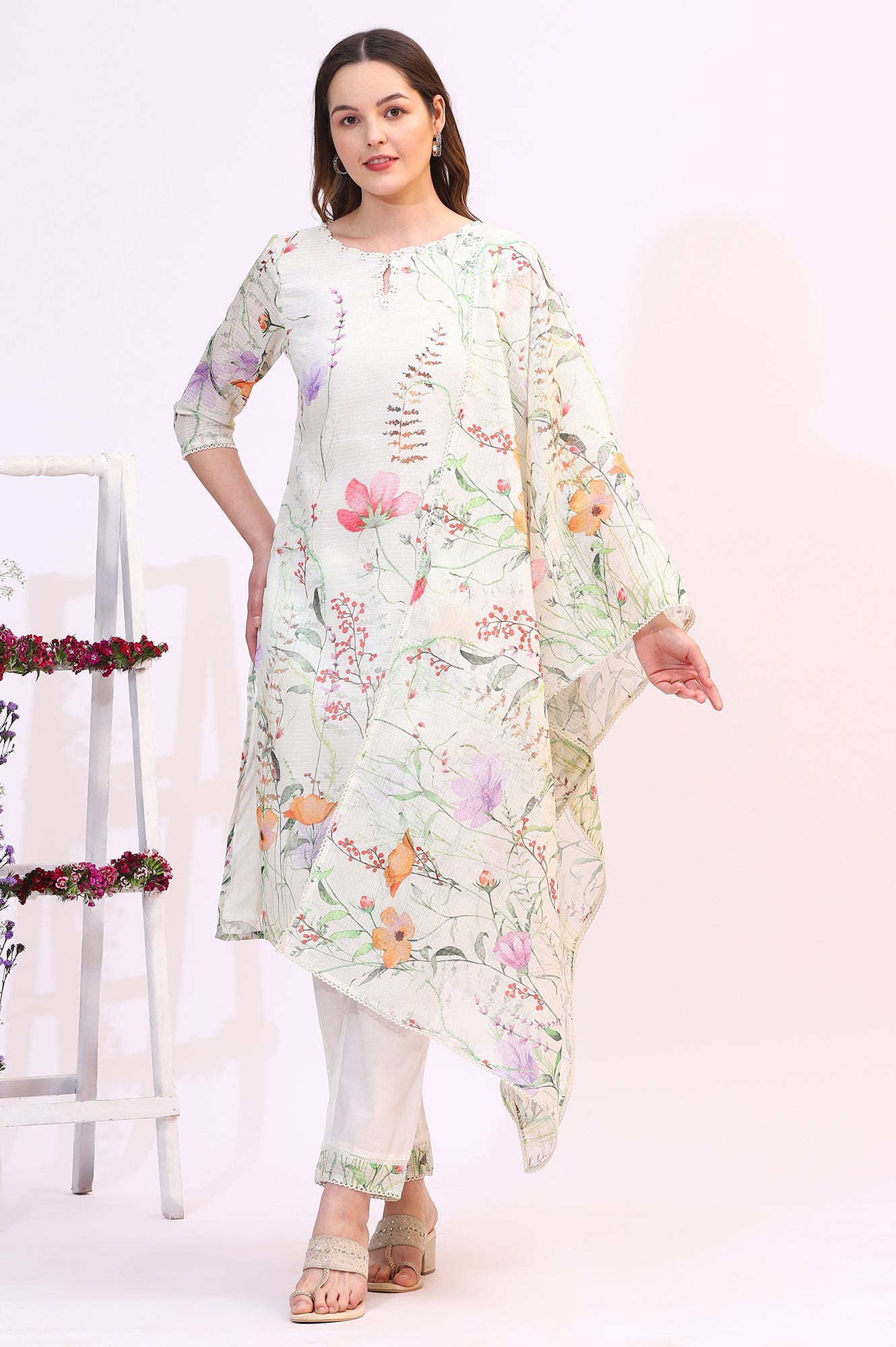 Cream Floral Printed Kota Straight Kurta, Pants and Dupatta Set