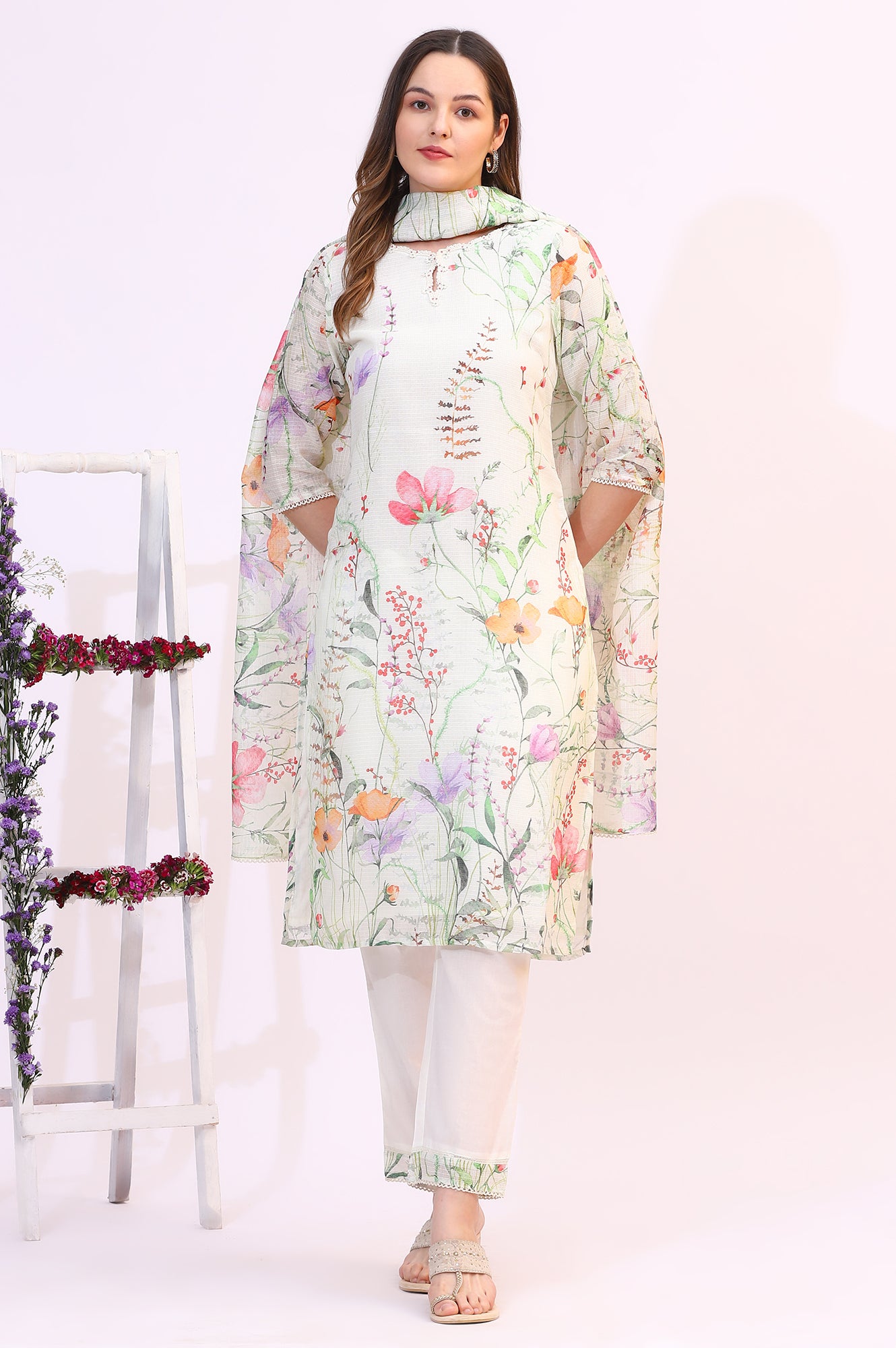 Cream Floral Printed Kota Straight Kurta, Pants and Dupatta Set