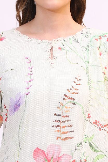 Cream Floral Printed Kota Straight Kurta, Pants and Dupatta Set