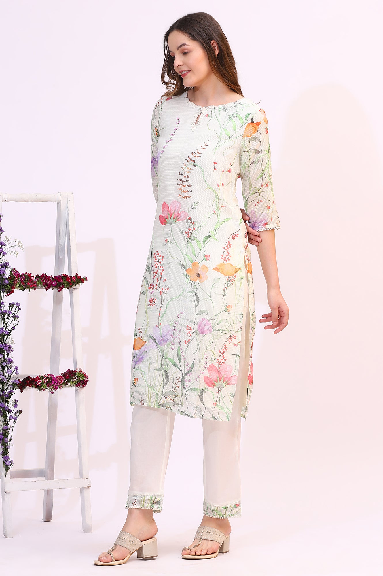 Cream Floral Printed Kota Straight Kurta, Pants and Dupatta Set