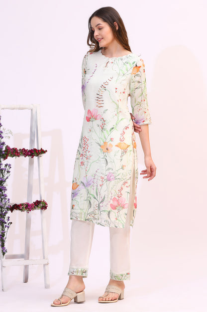 Cream Floral Printed Kota Straight Kurta, Pants and Dupatta Set