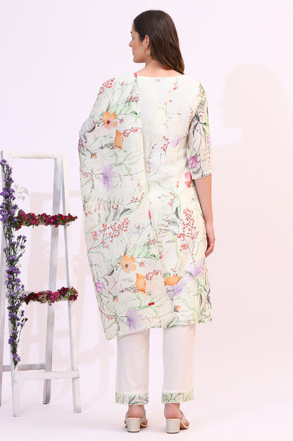 Cream Floral Printed Kota Straight Kurta, Pants and Dupatta Set