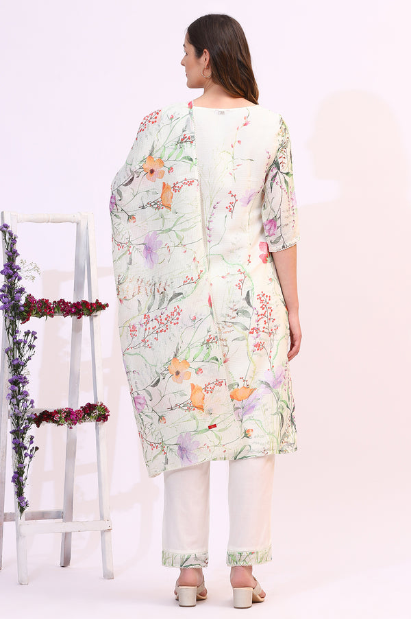 Cream Floral Printed Kota Straight Kurta, Pants and Dupatta Set