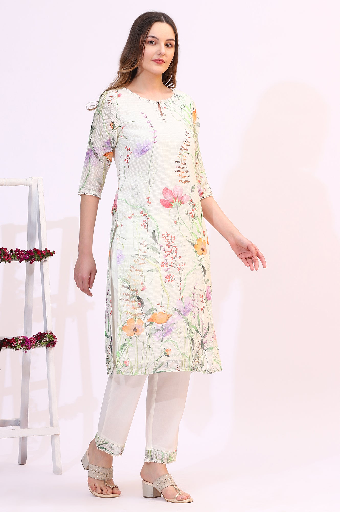 Cream Floral Printed Kota Straight Kurta, Pants and Dupatta Set