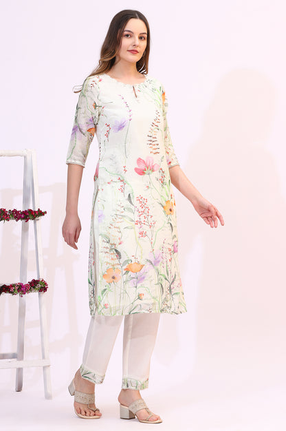 Cream Floral Printed Kota Straight Kurta, Pants and Dupatta Set