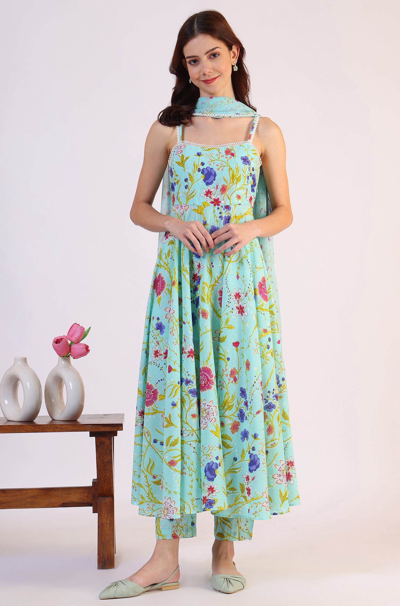 Floral Printed Lace Flared Pure Cotton Kurta &amp; Straight Pant with Dupatta Set