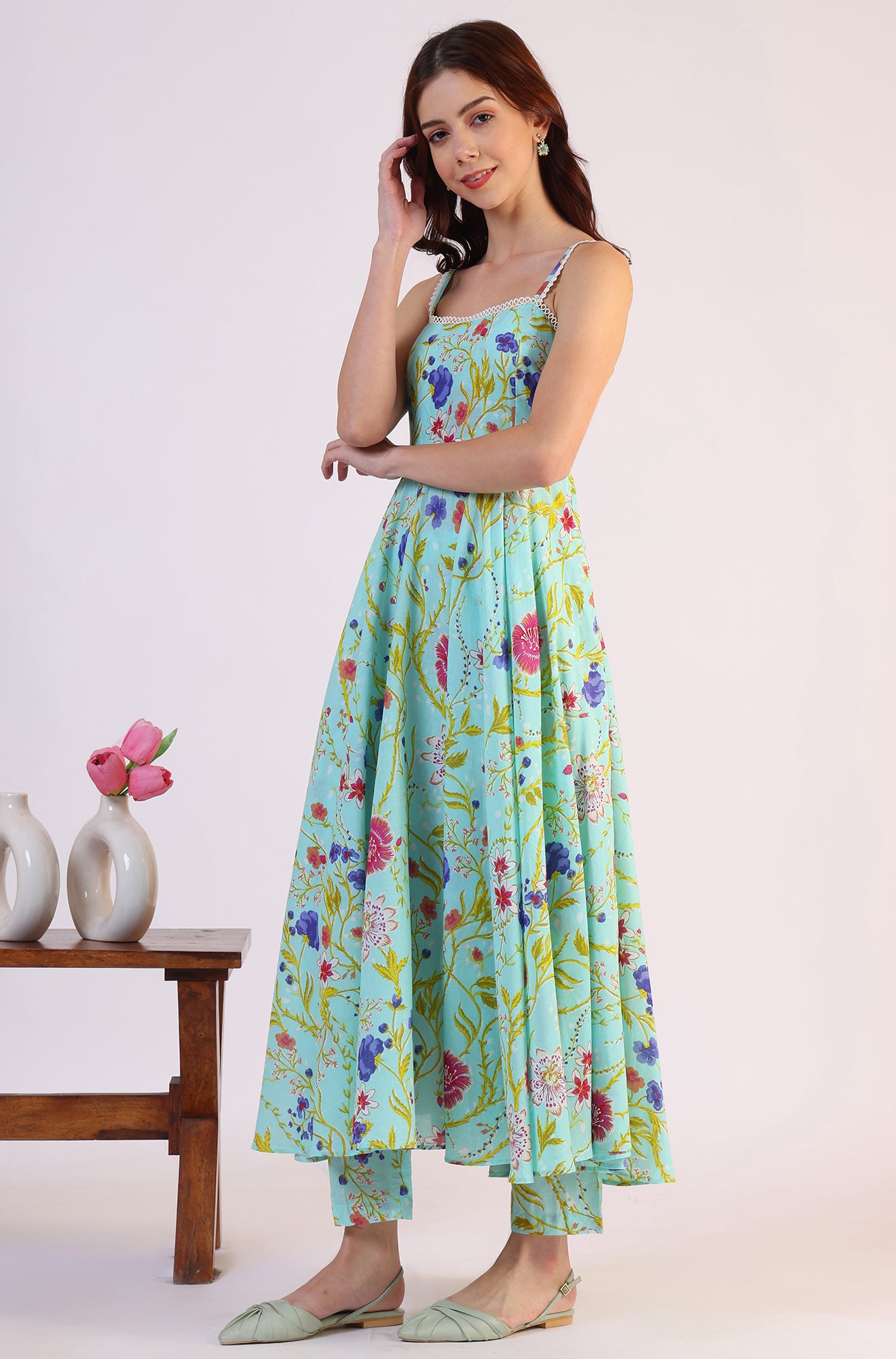 Floral Printed Lace Flared Pure Cotton Kurta &amp; Straight Pant with Dupatta Set