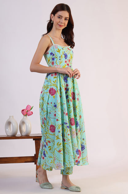 Floral Printed Lace Flared Pure Cotton Kurta &amp; Straight Pant with Dupatta Set