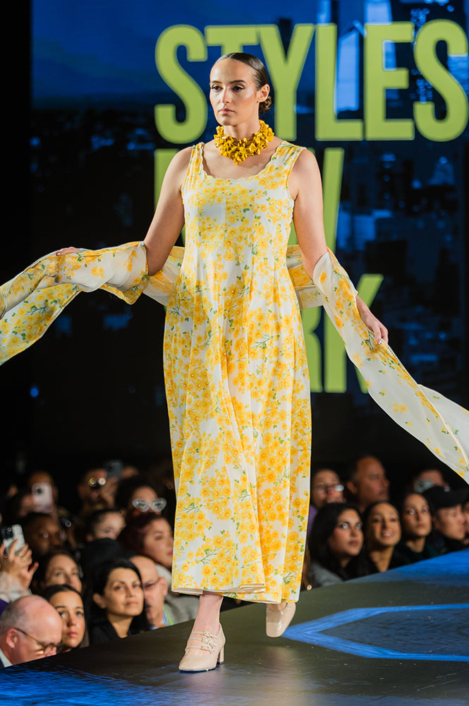 White and Yellow Sunflower Printed Pure Cotton Anarkali Kurta and Dupatta Set - M