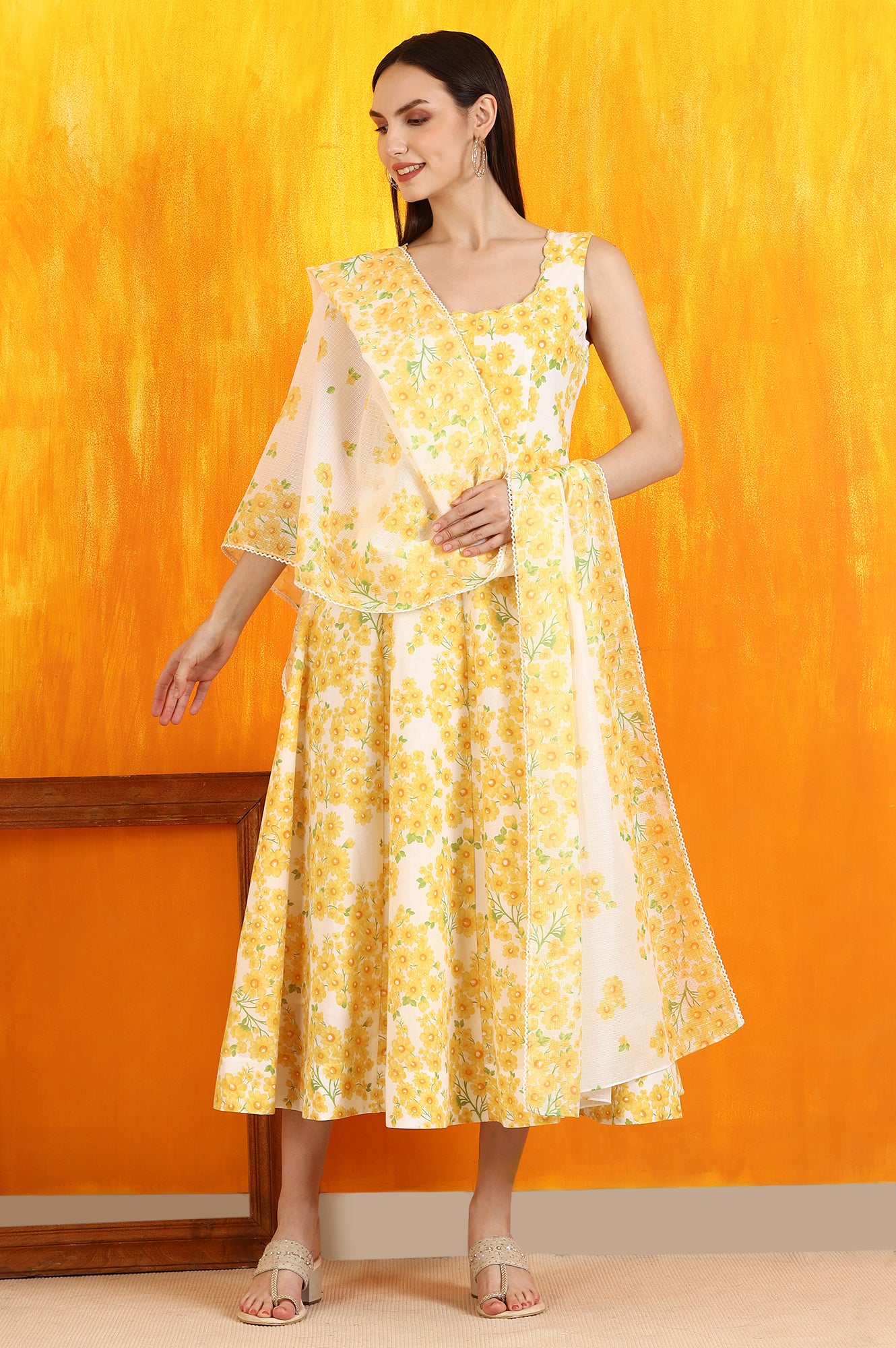 White and Yellow Sunflower Printed Pure Cotton Anarkali Kurta and Dupatta Set