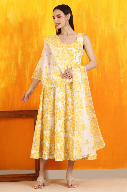 White and Yellow Sunflower Printed Pure Cotton Anarkali Kurta and Dupatta Set