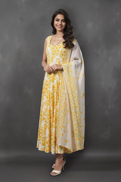 White and Yellow Sunflower Printed Pure Cotton Anarkali Kurta and Dupatta Set