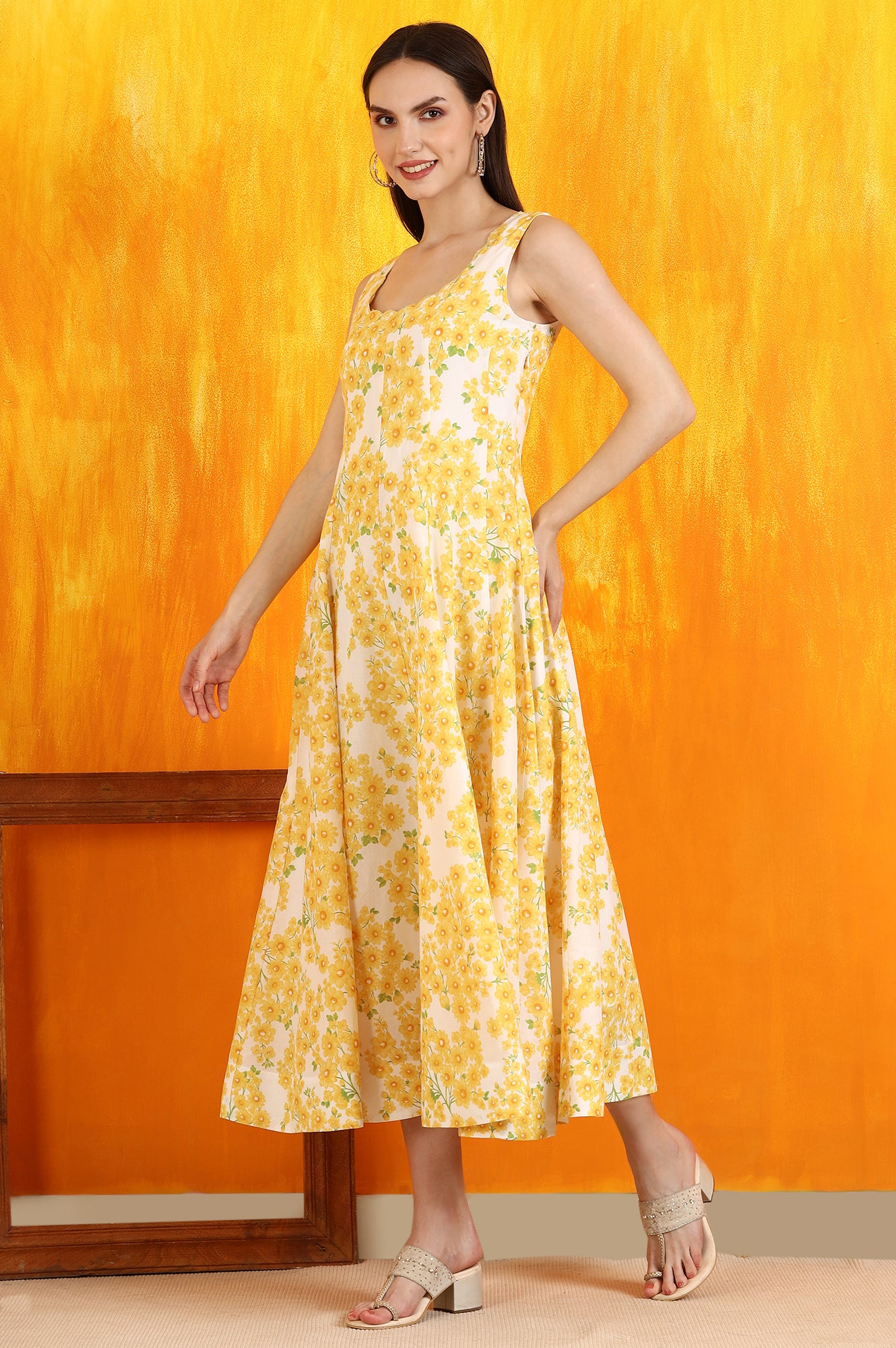 White and Yellow Sunflower Printed Pure Cotton Anarkali Kurta and Dupatta Set