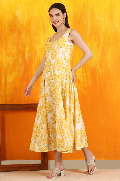 White and Yellow Sunflower Printed Pure Cotton Anarkali Kurta and Dupatta Set