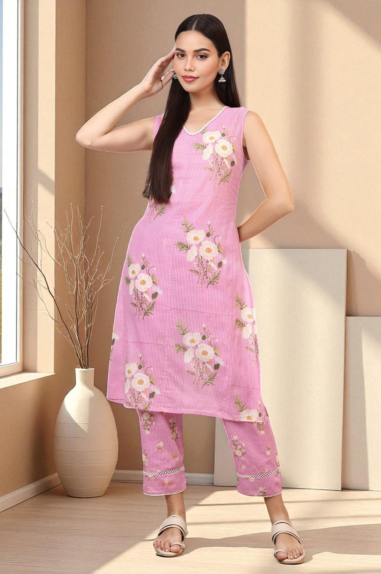 Lilac Floral Printed Pure Cotton Straight Kurta and Pants Co-ord Set