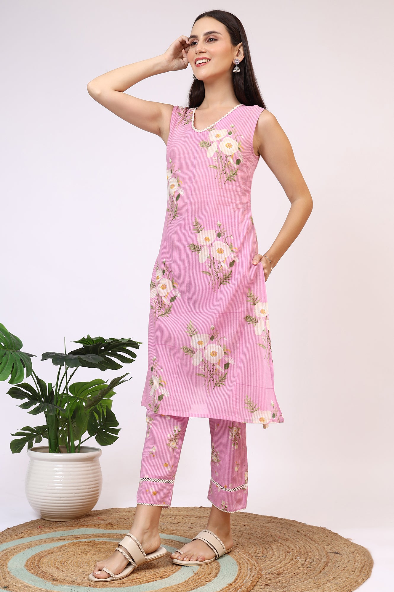 Lilac Floral Printed Pure Cotton Straight Kurta and Pants Co-ord Set