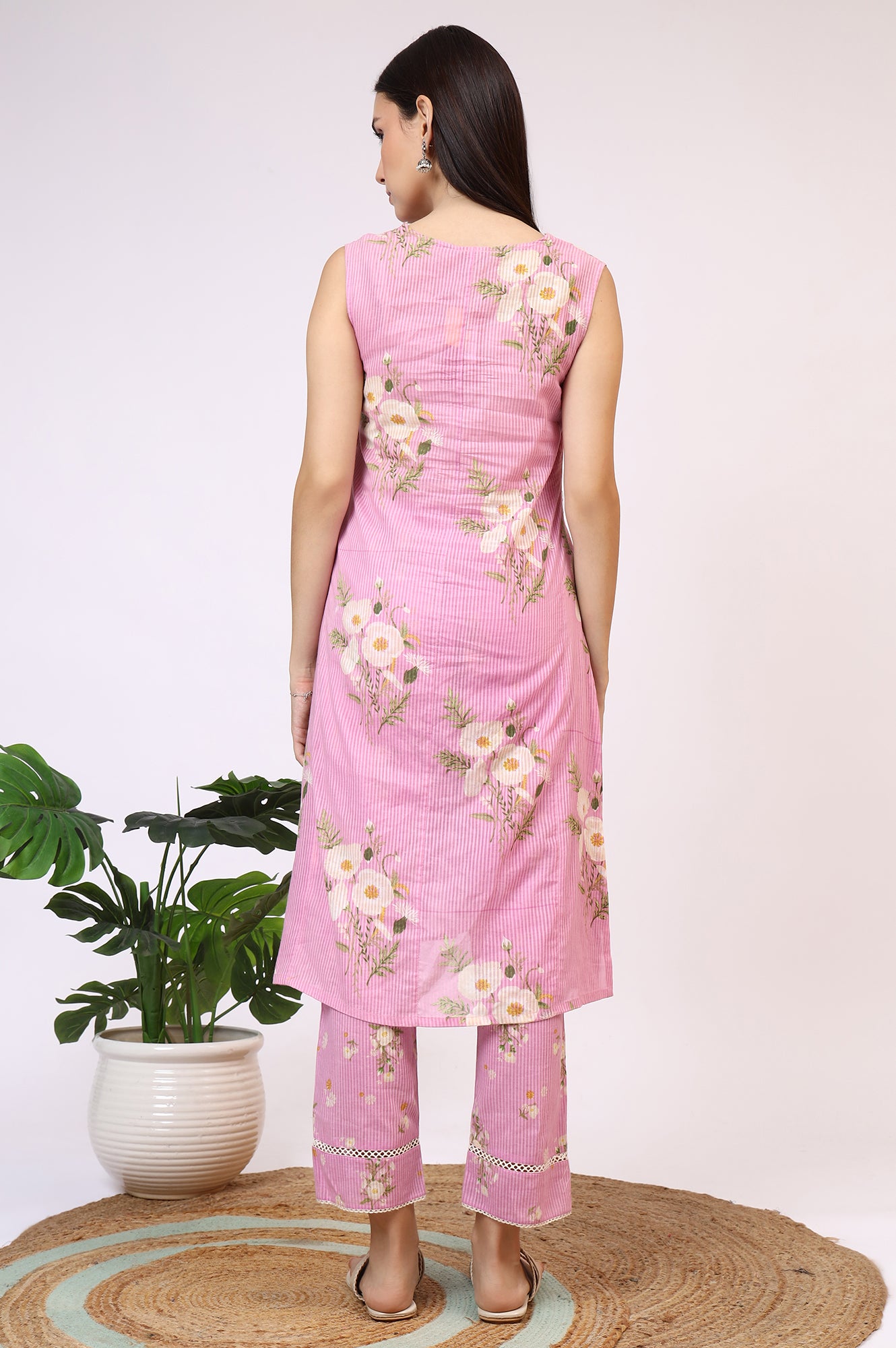Lilac Floral Printed Pure Cotton Straight Kurta and Pants Co-ord Set