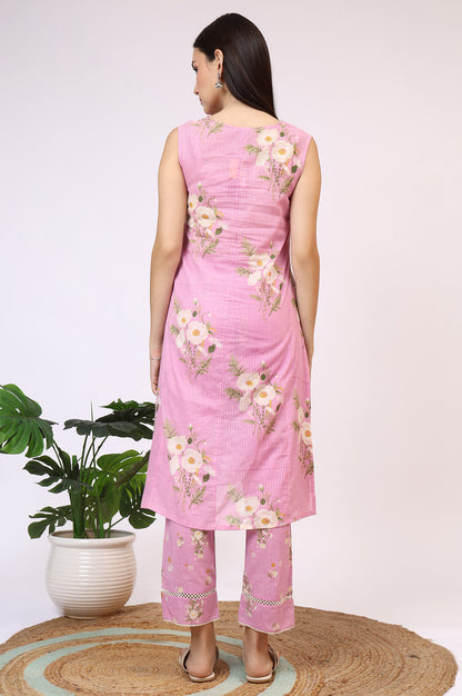 Lilac Floral Printed Pure Cotton Straight Kurta and Pants Co-ord Set