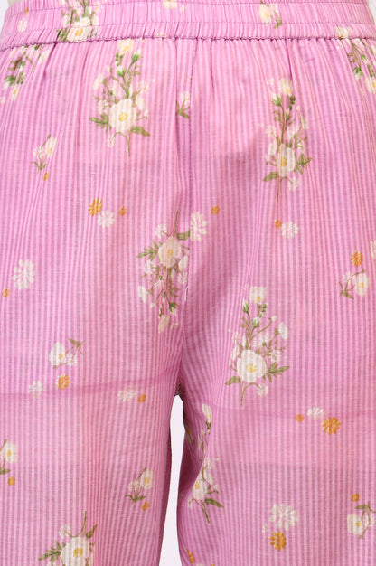 Lilac Floral Printed Pure Cotton Straight Kurta and Pants Co-ord Set