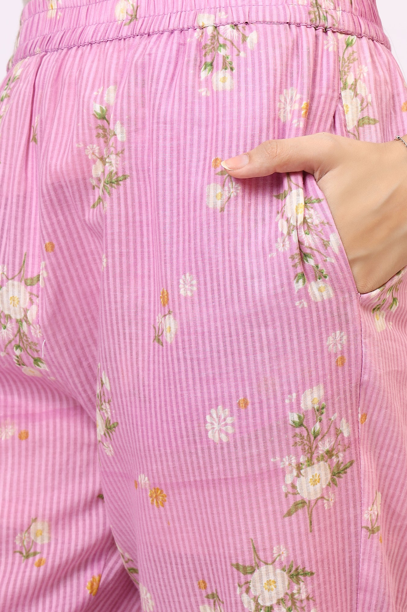 Lilac Floral Printed Pure Cotton Straight Kurta and Pants Co-ord Set