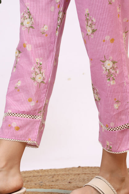 Lilac Floral Printed Pure Cotton Straight Kurta and Pants Co-ord Set