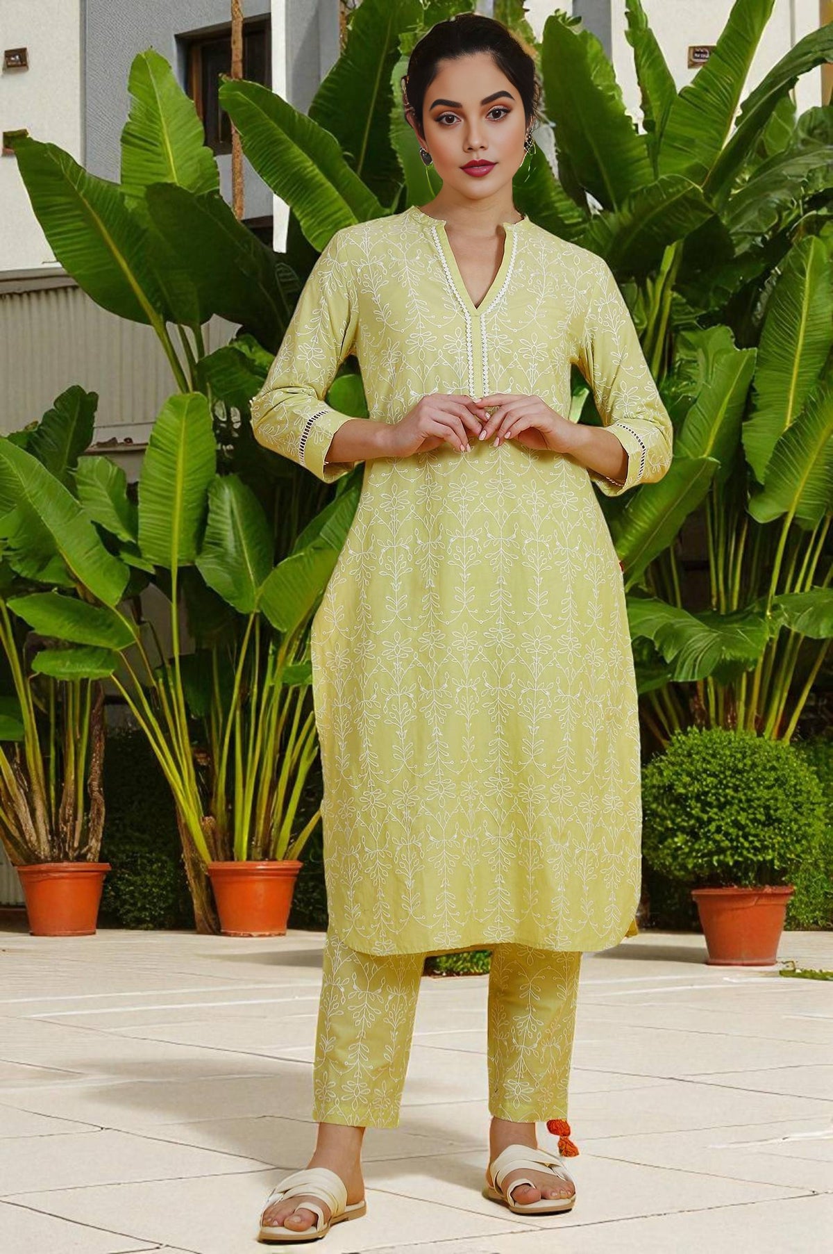 Embroidered Lace Pure Cotton Straight Kurta & Straight pant Set - XS