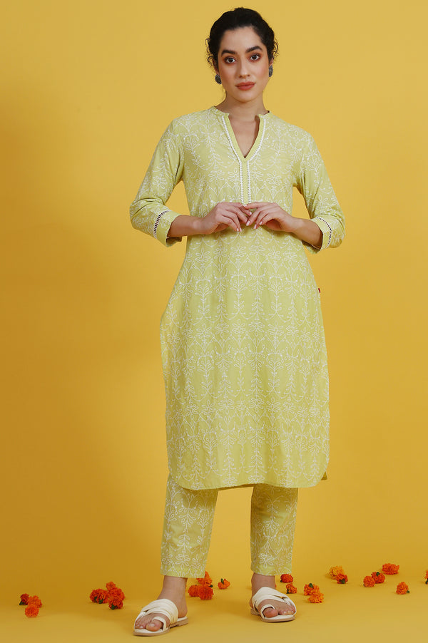 Embroidered Lace Pure Cotton Straight Kurta & Straight pant Set