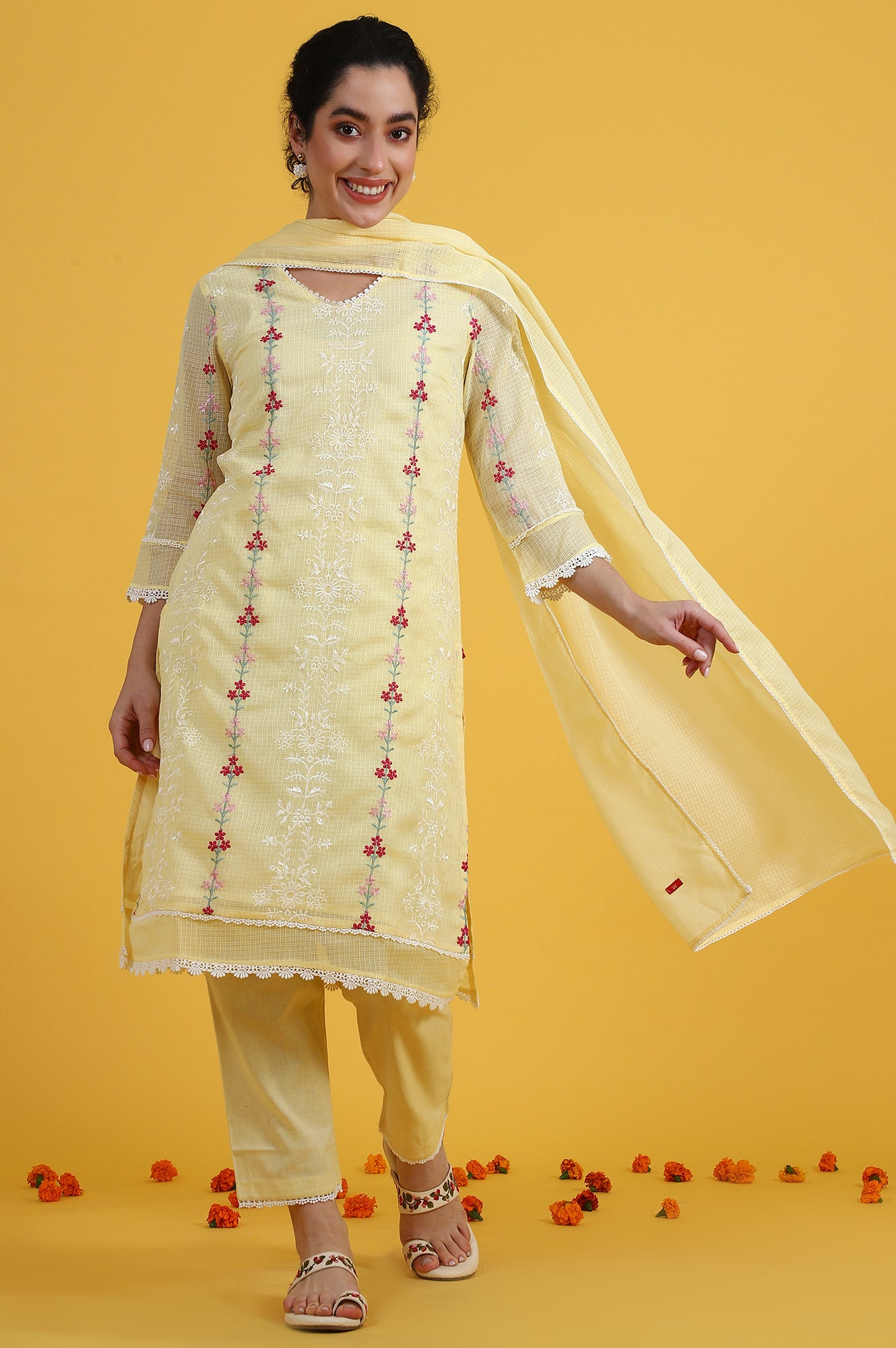 Yellow Embroidered Lace Kota Straight Kurta &amp; Straight Pant With Dupatta Set