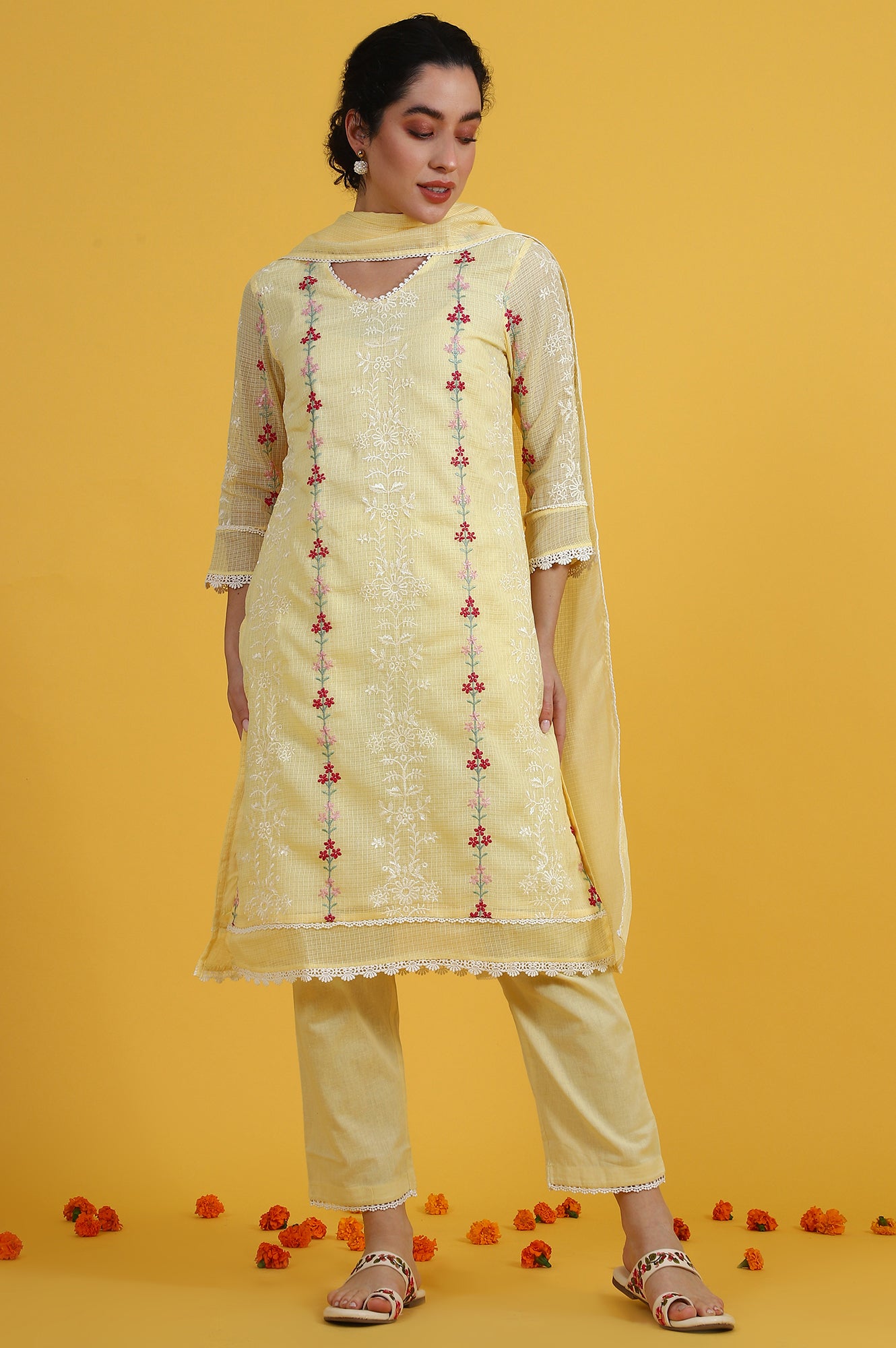 Yellow Embroidered Lace Kota Straight Kurta &amp; Straight Pant With Dupatta Set