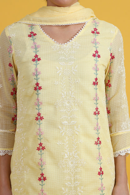 Yellow Embroidered Lace Kota Straight Kurta &amp; Straight Pant With Dupatta Set