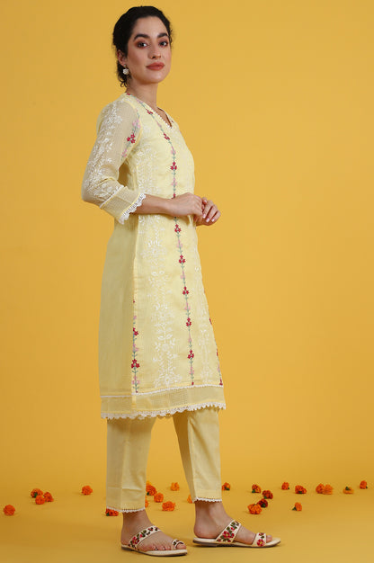 Yellow Embroidered Lace Kota Straight Kurta &amp; Straight Pant With Dupatta Set