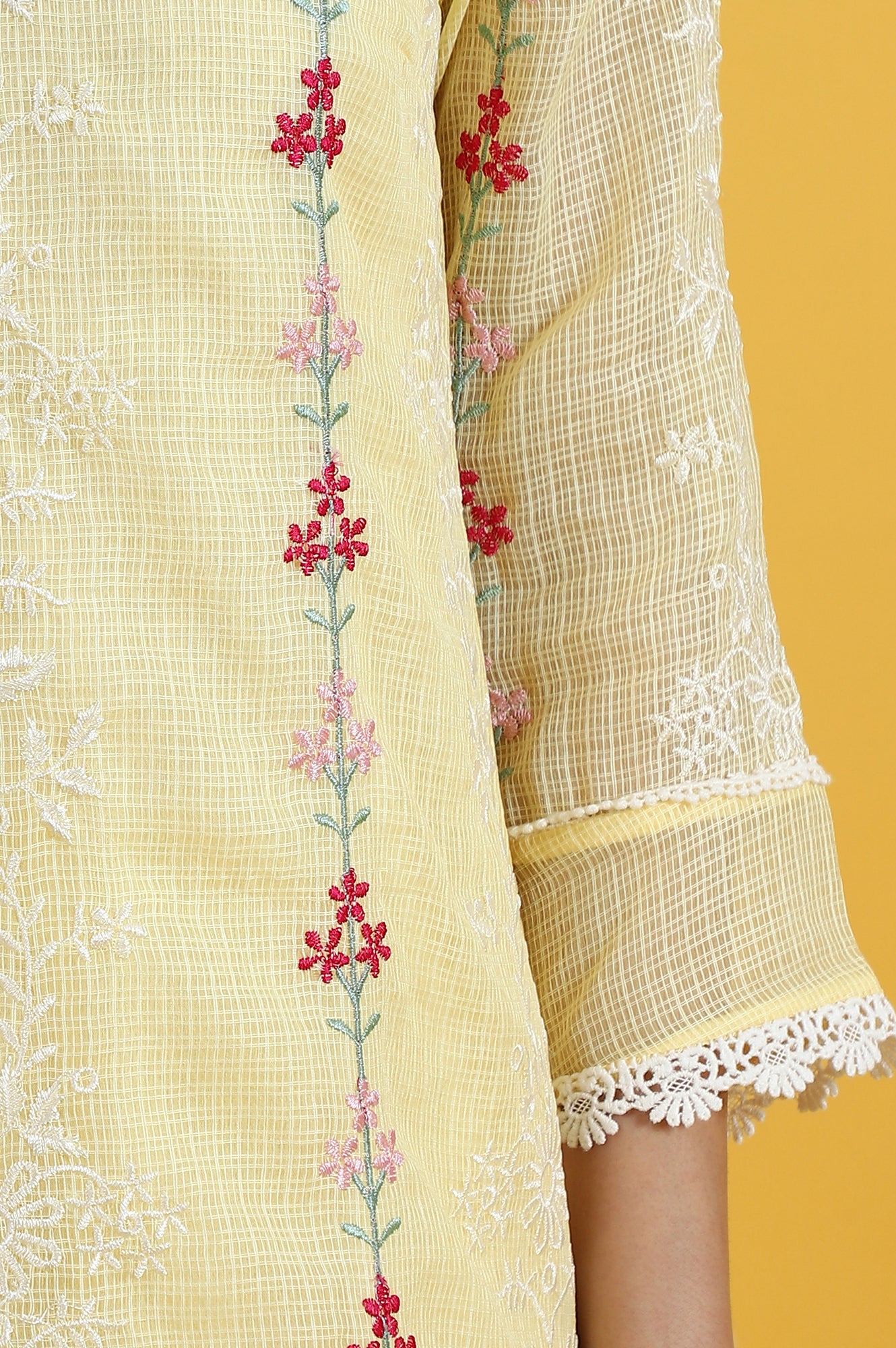 Yellow Embroidered Lace Kota Straight Kurta &amp; Straight Pant With Dupatta Set