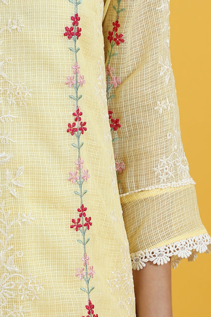 Yellow Embroidered Lace Kota Straight Kurta &amp; Straight Pant With Dupatta Set