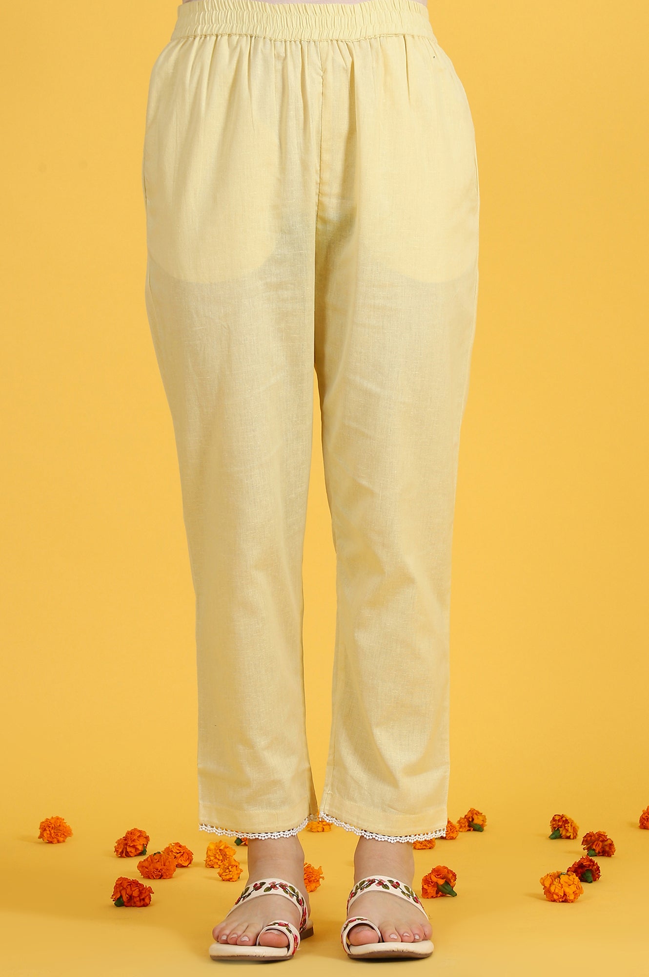 Yellow Embroidered Lace Kota Straight Kurta &amp; Straight Pant With Dupatta Set