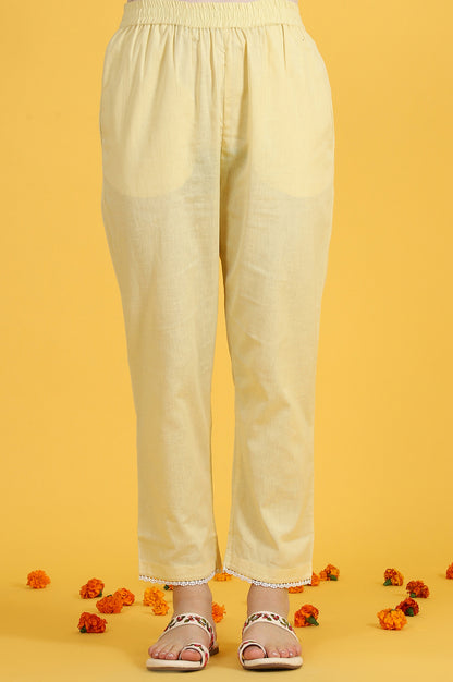 Yellow Embroidered Lace Kota Straight Kurta &amp; Straight Pant With Dupatta Set