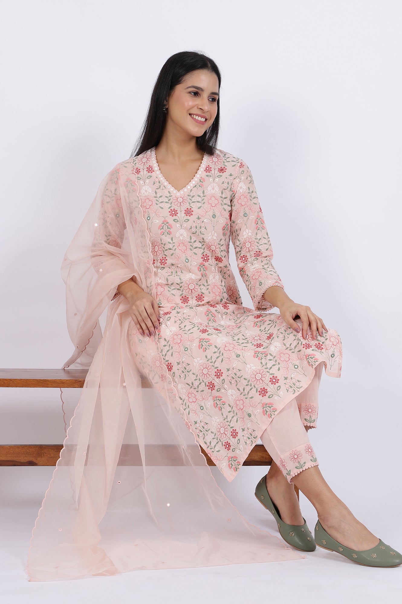 Pink Embroidered Lace Pure Cotton Straight Kurta &amp; Straight Pant With Dupatta Set