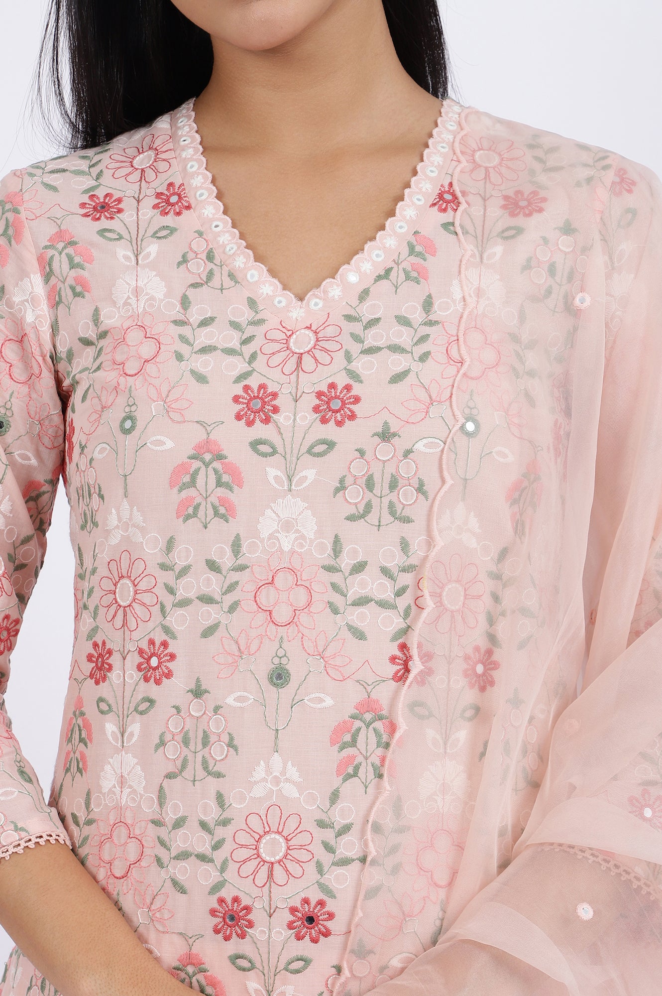 Pink Embroidered Lace Pure Cotton Straight Kurta &amp; Straight Pant With Dupatta Set