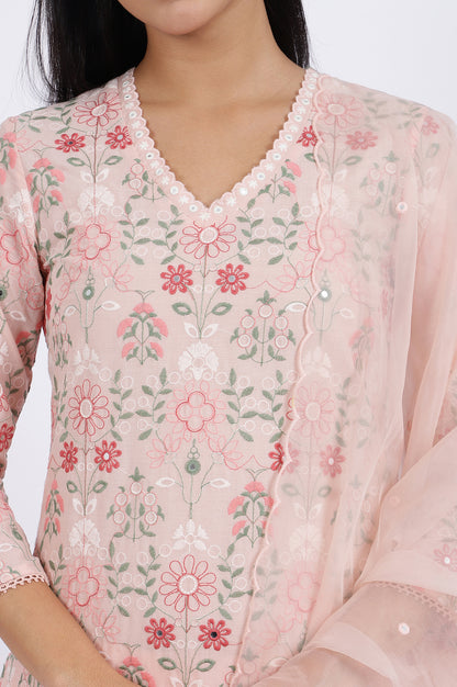 Pink Embroidered Lace Pure Cotton Straight Kurta &amp; Straight Pant With Dupatta Set