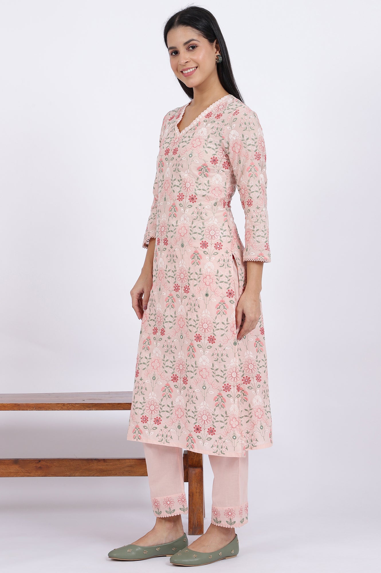 Pink Embroidered Lace Pure Cotton Straight Kurta &amp; Straight Pant With Dupatta Set