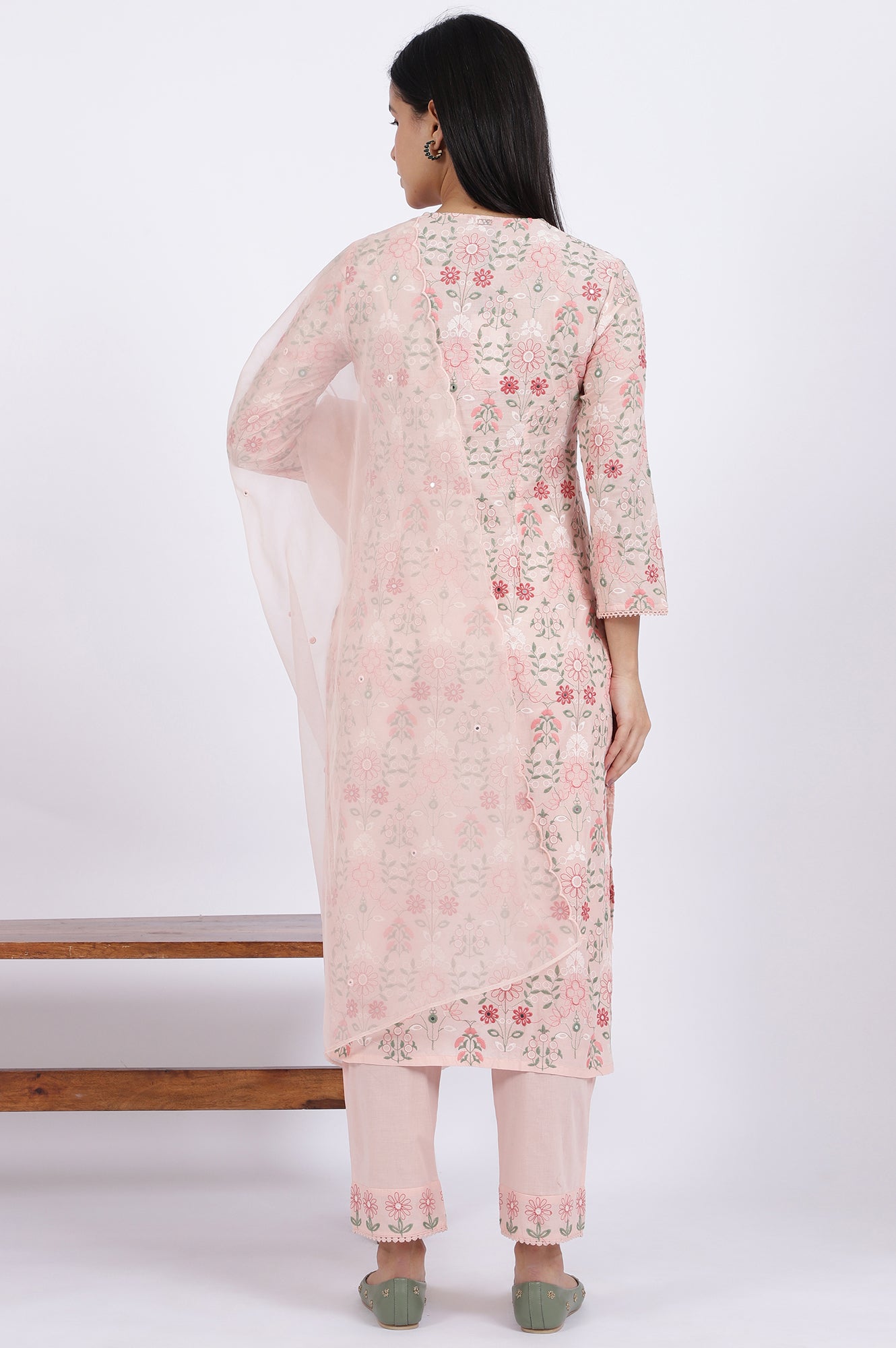 Pink Embroidered Lace Pure Cotton Straight Kurta &amp; Straight Pant With Dupatta Set