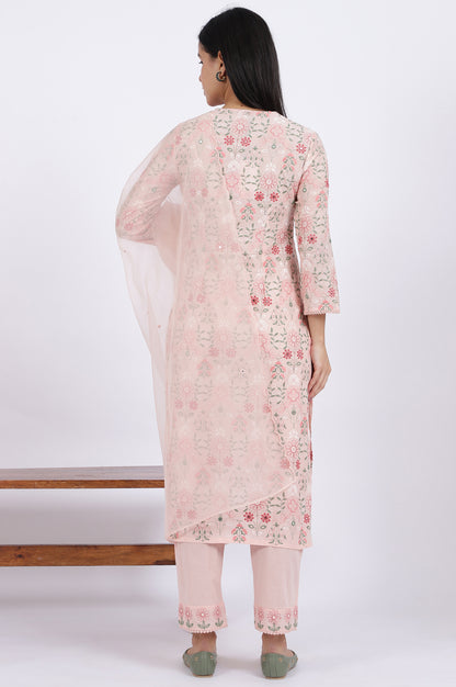 Pink Embroidered Lace Pure Cotton Straight Kurta &amp; Straight Pant With Dupatta Set