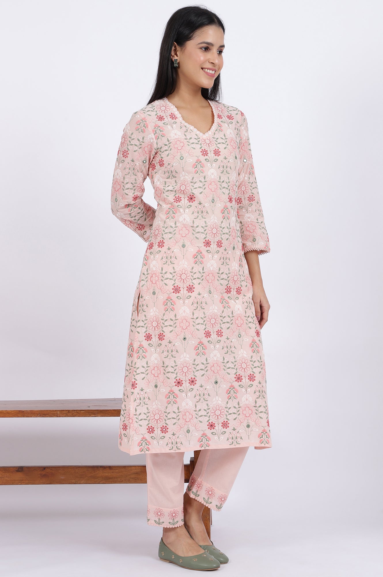 Pink Embroidered Lace Pure Cotton Straight Kurta &amp; Straight Pant With Dupatta Set