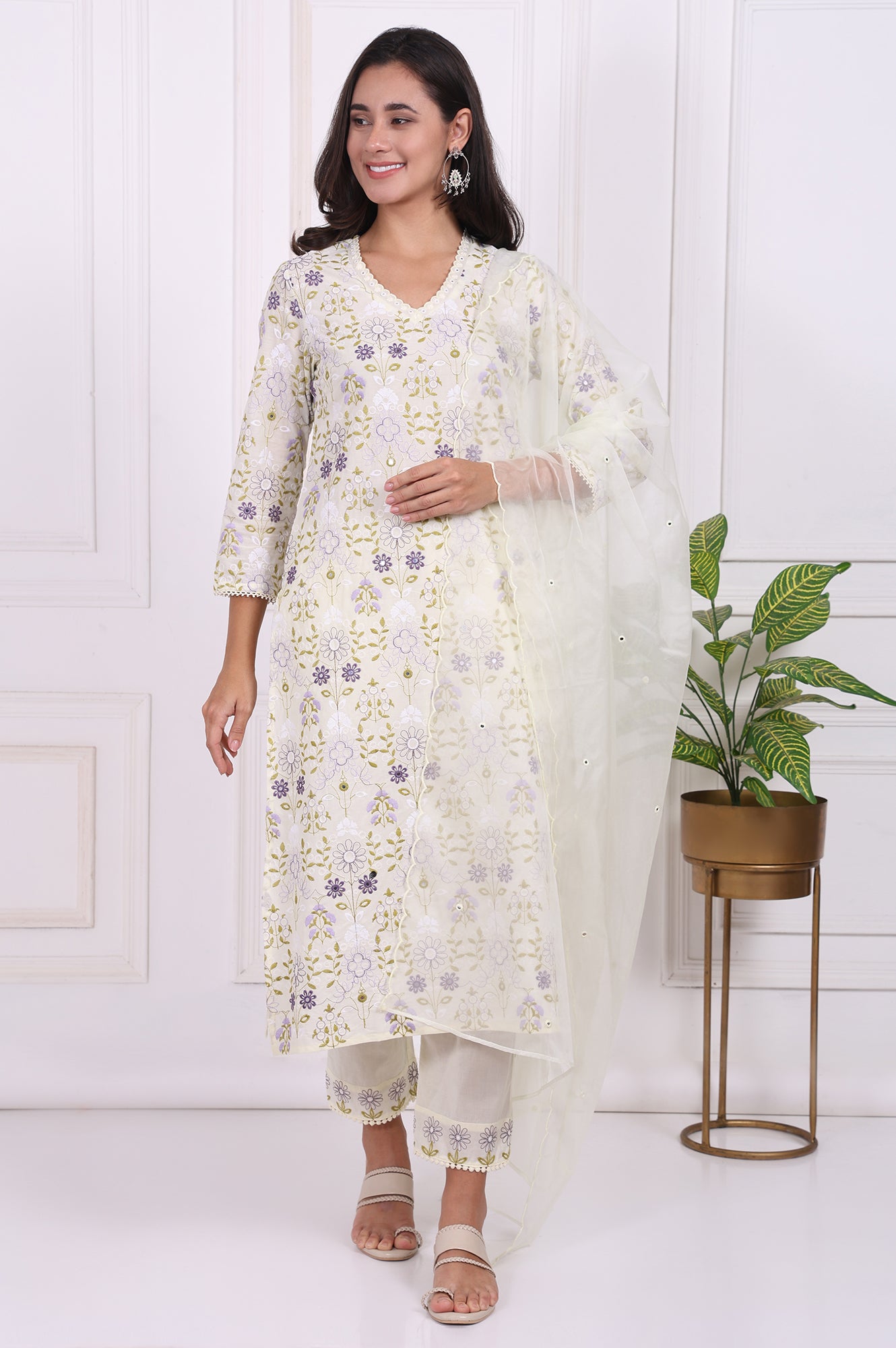 White Floral Printed Embroidered Pure Cotton Straight Kurta, Pants and Dupatta Set
